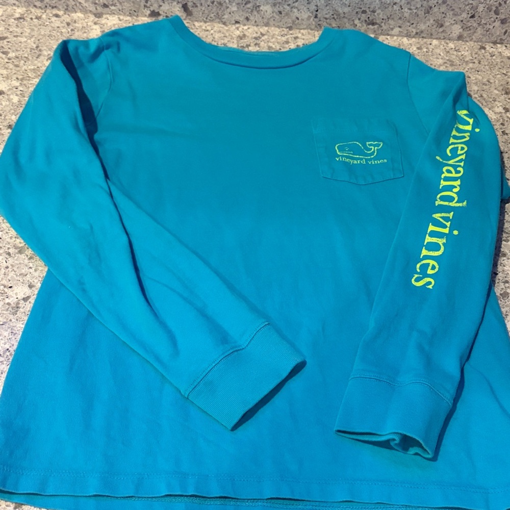 Vineyard Vines Kids Long-Sleeve Pocket Tee - Bright Teal with Yellow Logo